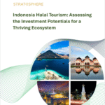 Cover of the report titled "Indonesia Halal Tourism: Assessing the Investment Potentials for a Thriving Ecosystem" by STRAT@SPHERE, featuring scenic Indonesian landscapes and landmarks. Dated June 2025.