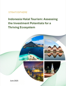 Cover of the report titled "Indonesia Halal Tourism: Assessing the Investment Potentials for a Thriving Ecosystem" by STRAT@SPHERE, featuring scenic Indonesian landscapes and landmarks. Dated June 2025.