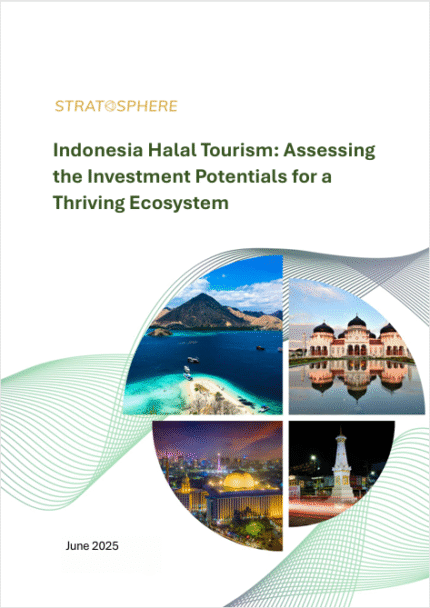 Cover of the report titled "Indonesia Halal Tourism: Assessing the Investment Potentials for a Thriving Ecosystem" by STRAT@SPHERE, featuring scenic Indonesian landscapes and landmarks. Dated June 2025.